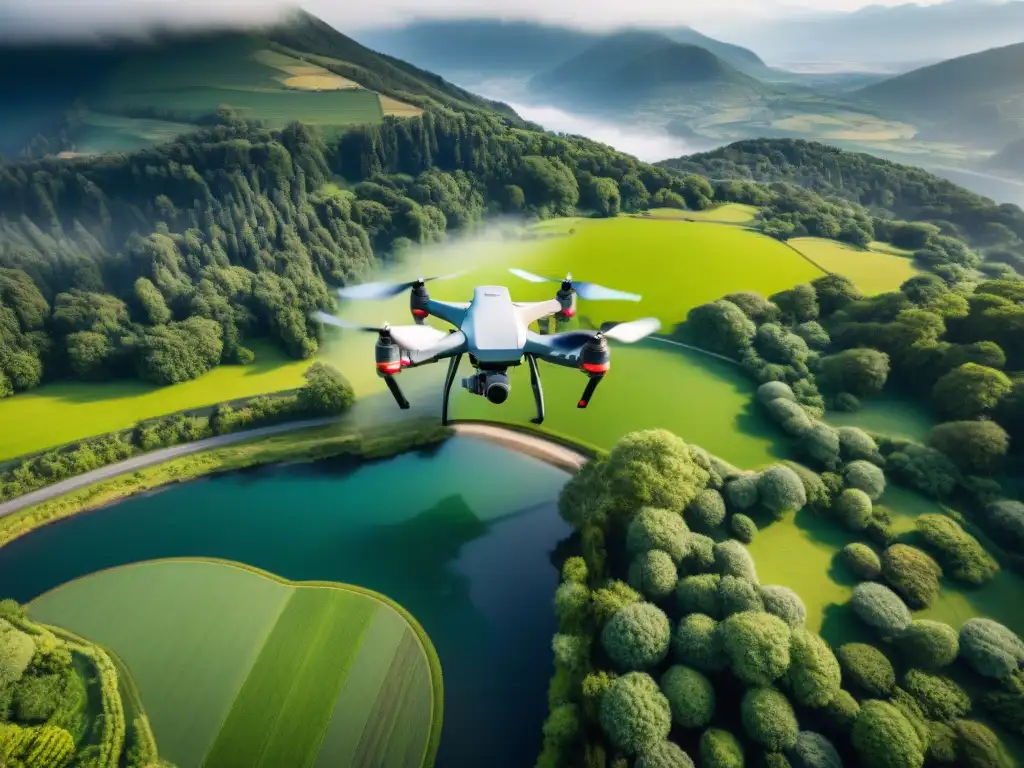 Un drone sobrevolando un paisaje verde, destacando la importancia de los drones en cartografía