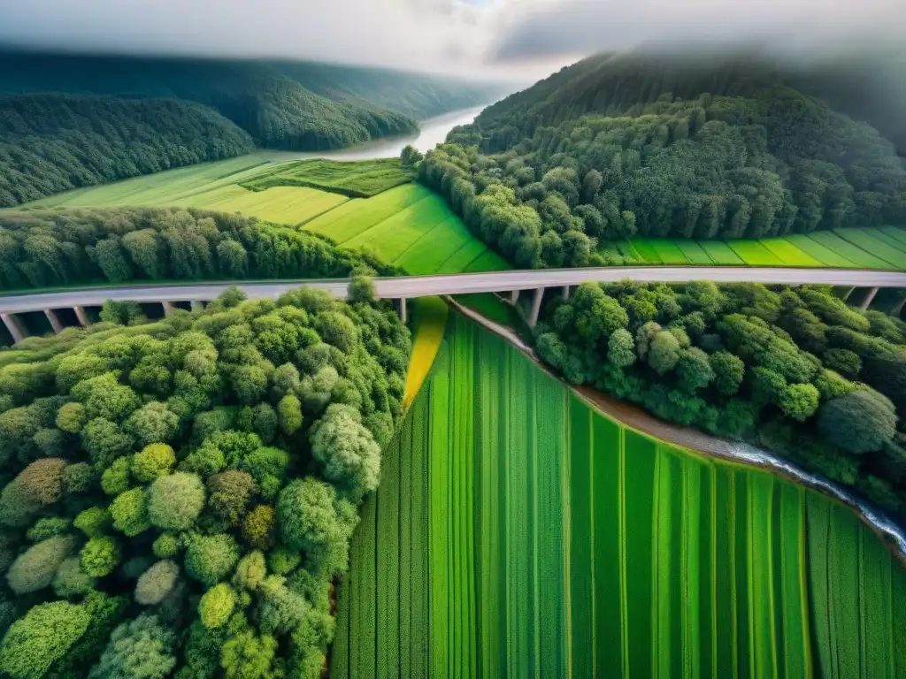 Drone sobrevuela paisaje verde, río y bosque