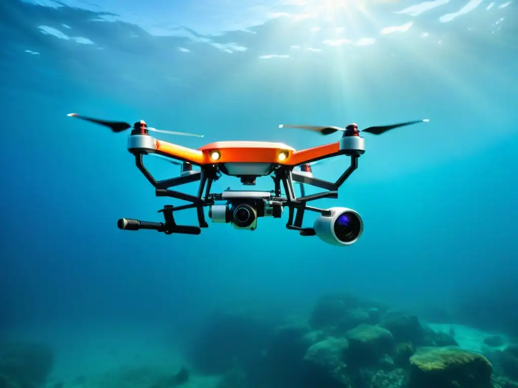 Exploración submarina: drone de mapeo avanzado en aguas cristalinas Drone submarino mapeando con tecnología avanzada sonar