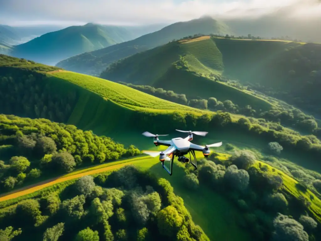 Fotografía sepia de drones avanzados volando sobre paisaje verde