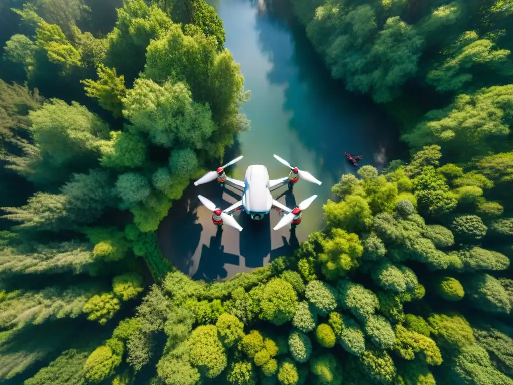 Exploración con drones sobre bosque verde, luz filtrándose entre las hojas