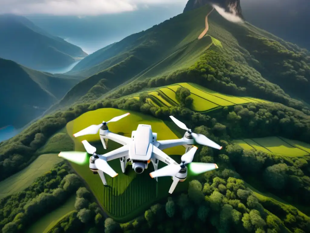 Drones en la evolución cartográfica: Flota de drones avanzados sobrevolando paisaje montañoso, capturando detalles con precisión futurista