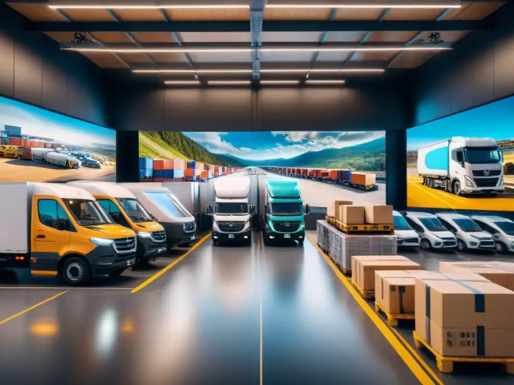 Centro logístico moderno con tecnología de mapas Eficiente centro logístico con camiones cargados, trabajadores organizando envíos y sistemas de mapeo digital