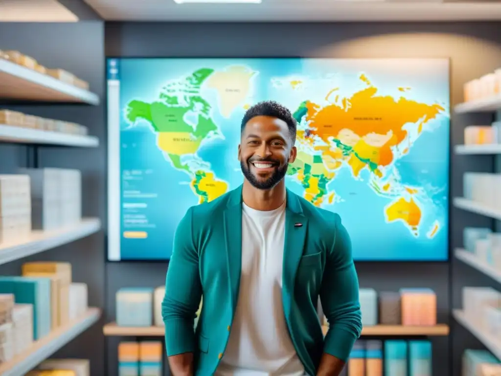 Un empresario sonriente frente a un mapa con datos de ventas, rodeado de un equipo diverso y productos en estanterías