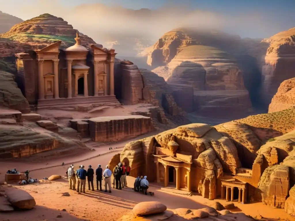 Equipo de arqueólogos cartografiando estructuras en roca de Petra al atardecer, destacando la fusión de tecnología y historia antigua