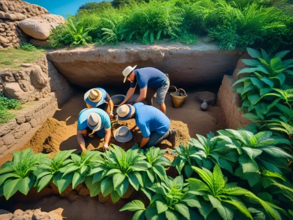 Un equipo de arqueólogos excavando ruinas antiguas rodeados de vegetación exuberante y cielo azul