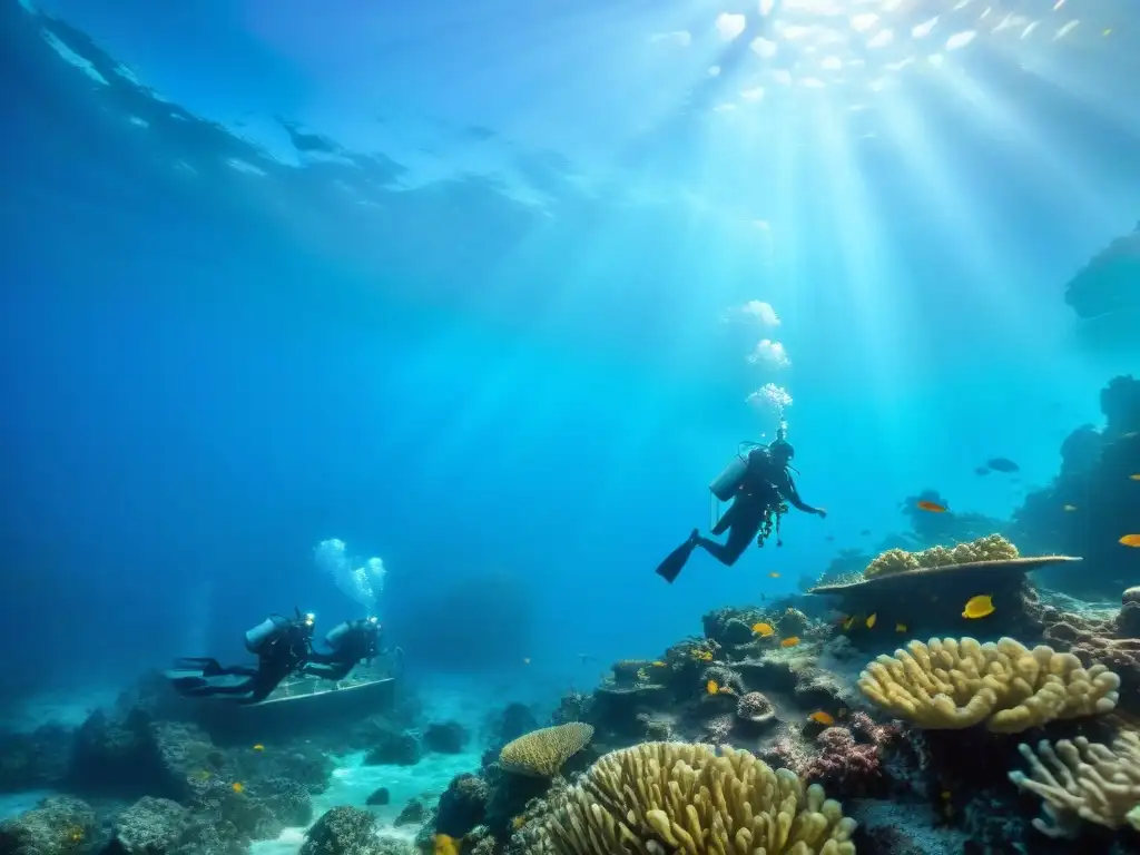 Equipo de arqueólogos subacuáticos explorando y recuperando tesoros antiguos, rodeados de peces y corales