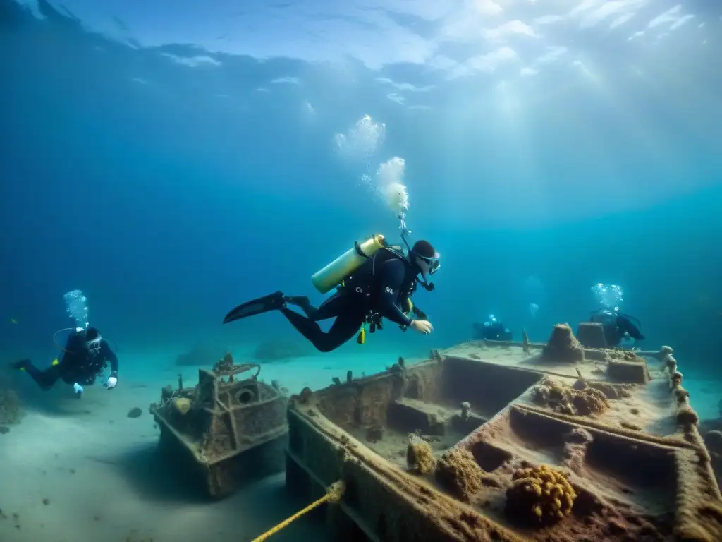 Equipo de arqueólogos submarinos cartografiando un barco hundido con avanzada tecnología