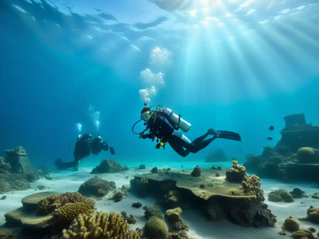 Un equipo de arqueólogos submarinos utilizando tecnología de vanguardia para mapear el suelo marino