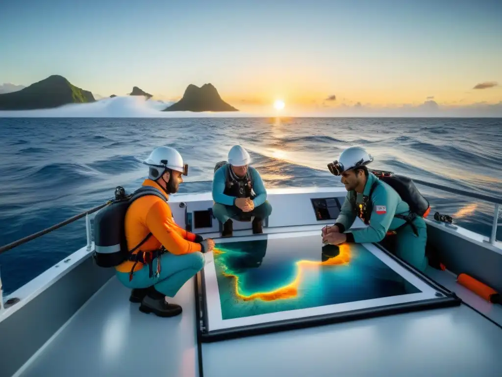 Equipo de cartógrafos marinos en el Pacífico Sur, explorando el lecho marino al atardecer