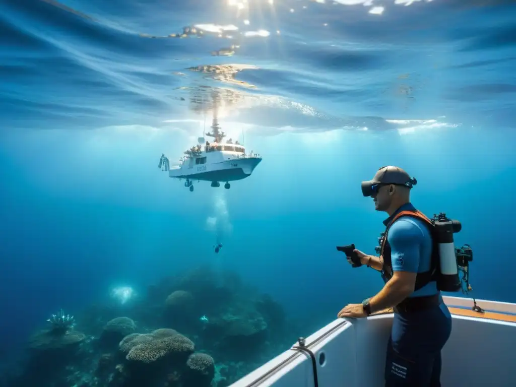 Un equipo de cartógrafos submarinos en un barco de investigación, analizando datos y mapeando el fondo marino