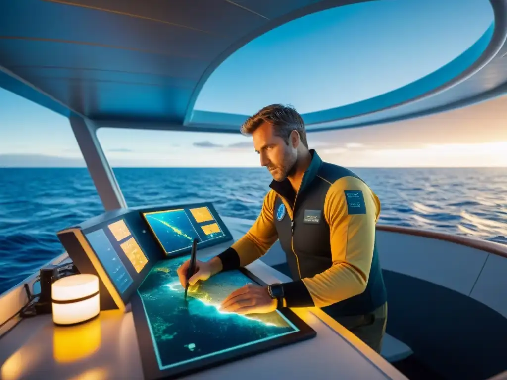 Equipo de cartógrafos submarinos explorando con sonar Equipo de cartógrafos submarinos mapeando con sonar en un barco de investigación