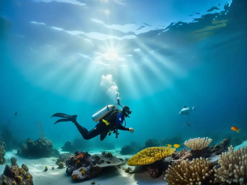 Equipo de cartógrafos submarinos explorando el fondo marino con tecnología avanzada y rodeados de vida marina colorida