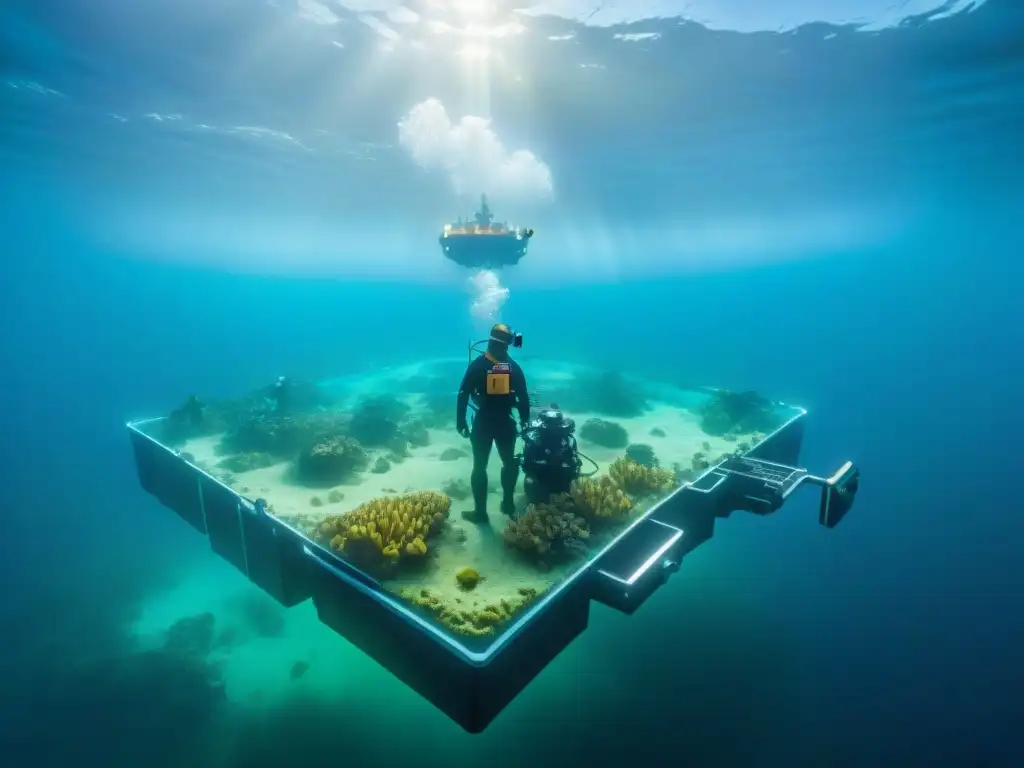 Equipo de cartógrafos marinos explorando con precisión Equipo de cartógrafos submarinos en acción, resaltando la importancia de la cartografía submarina en la prevención de desastres naturales