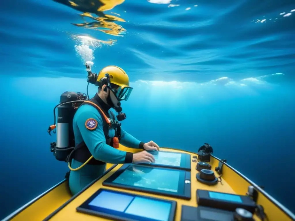 Equipo de científicos marinos en barco de alta tecnología realizando mapeo submarino