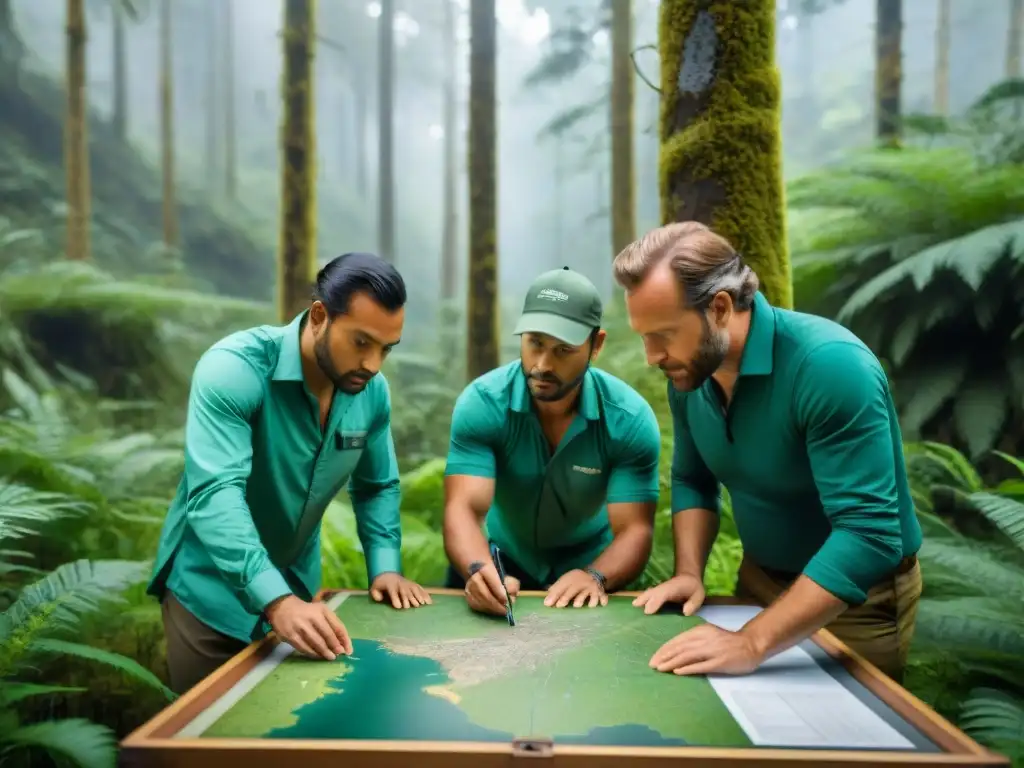 Un equipo de conservacionistas mapeando con herramientas cartográficas en un denso bosque