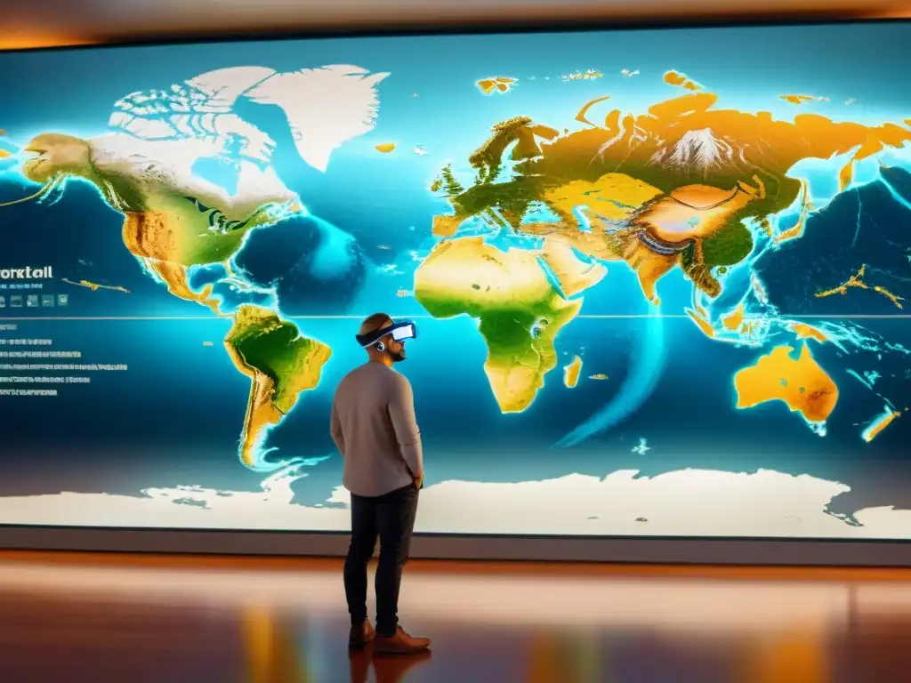 Un equipo diverso de cartógrafos colabora globalmente utilizando realidad aumentada en un mapa digital gigante