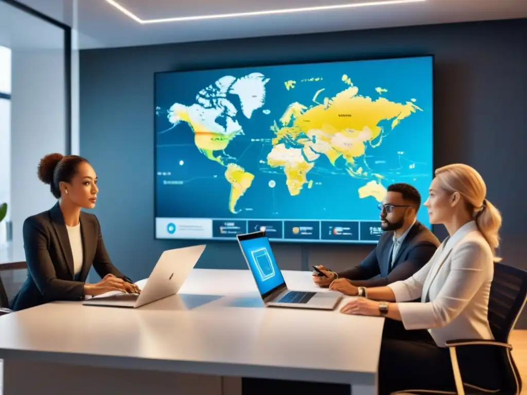 Un equipo diverso en una oficina moderna, analizando datos geográficos en un mapa digital