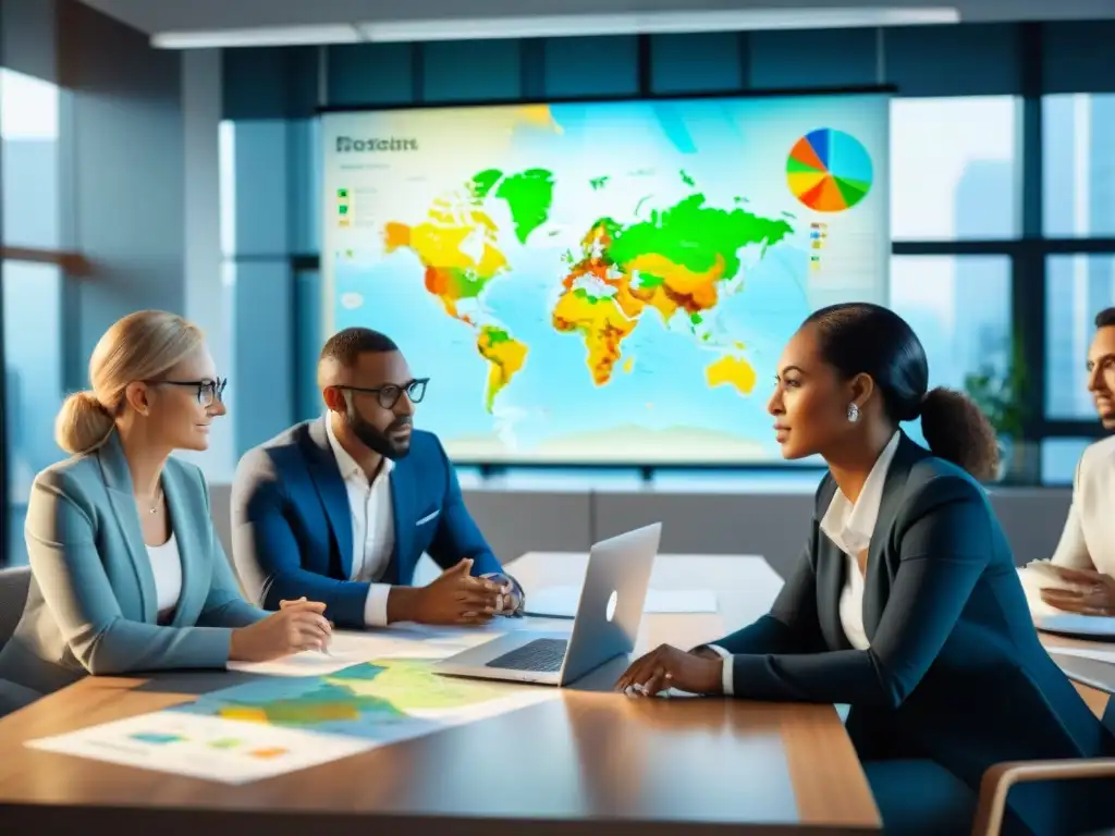 Un equipo diverso en una oficina moderna discutiendo estrategias, con mapas y laptops