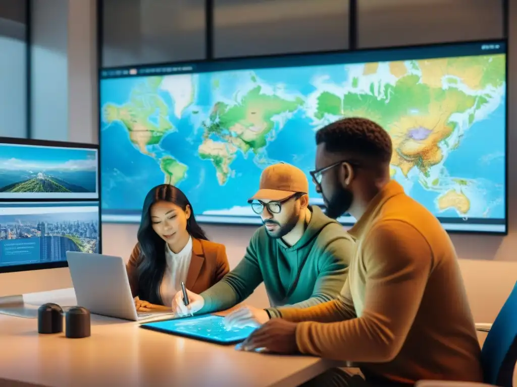 Un equipo diverso colabora en cartografía en OpenStreetMap en una oficina moderna