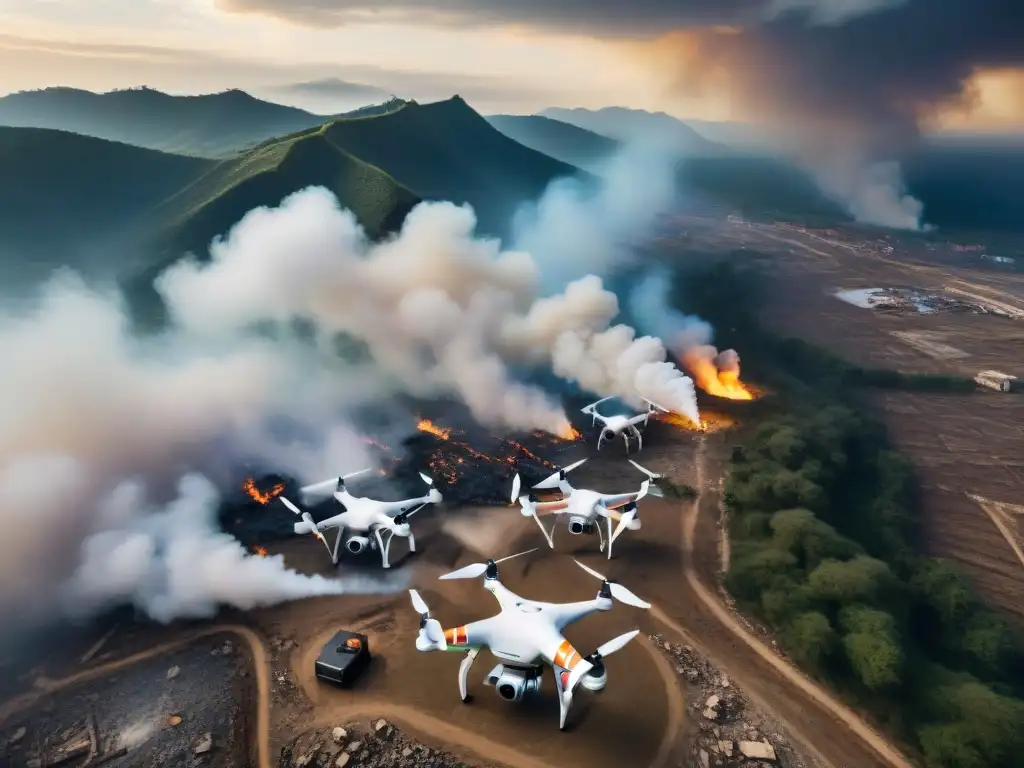 Equipo de drones en formación, mapeando desastres con tecnología avanzada