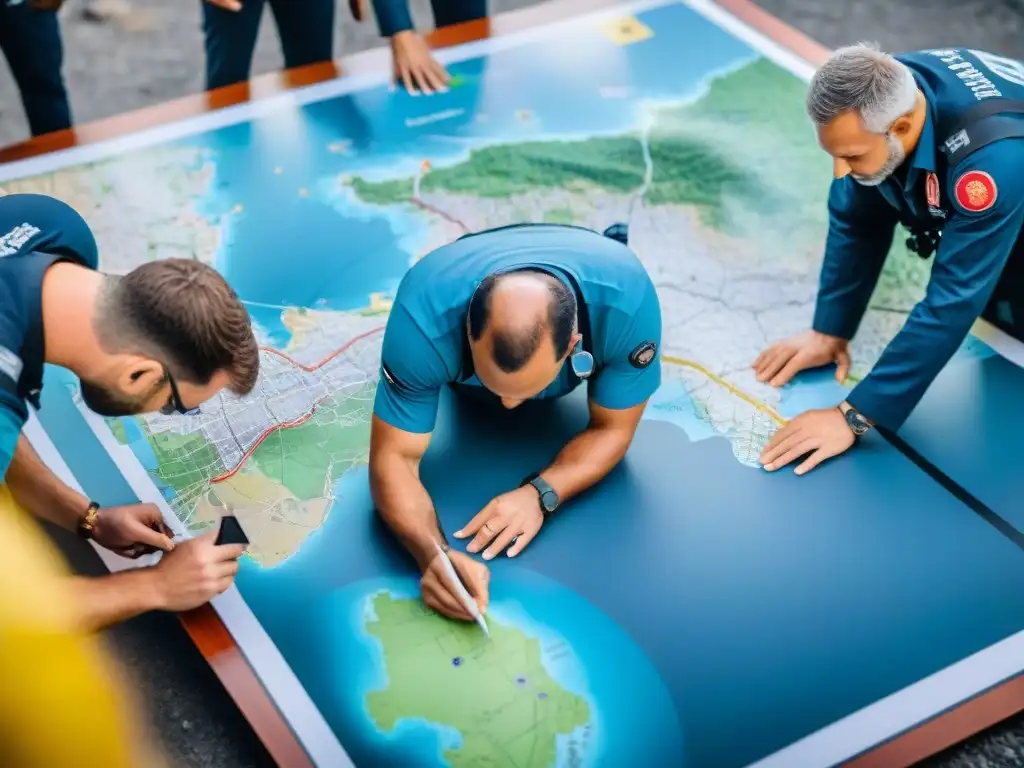 Equipo de emergencia analizando detallado mapa en zona de desastre