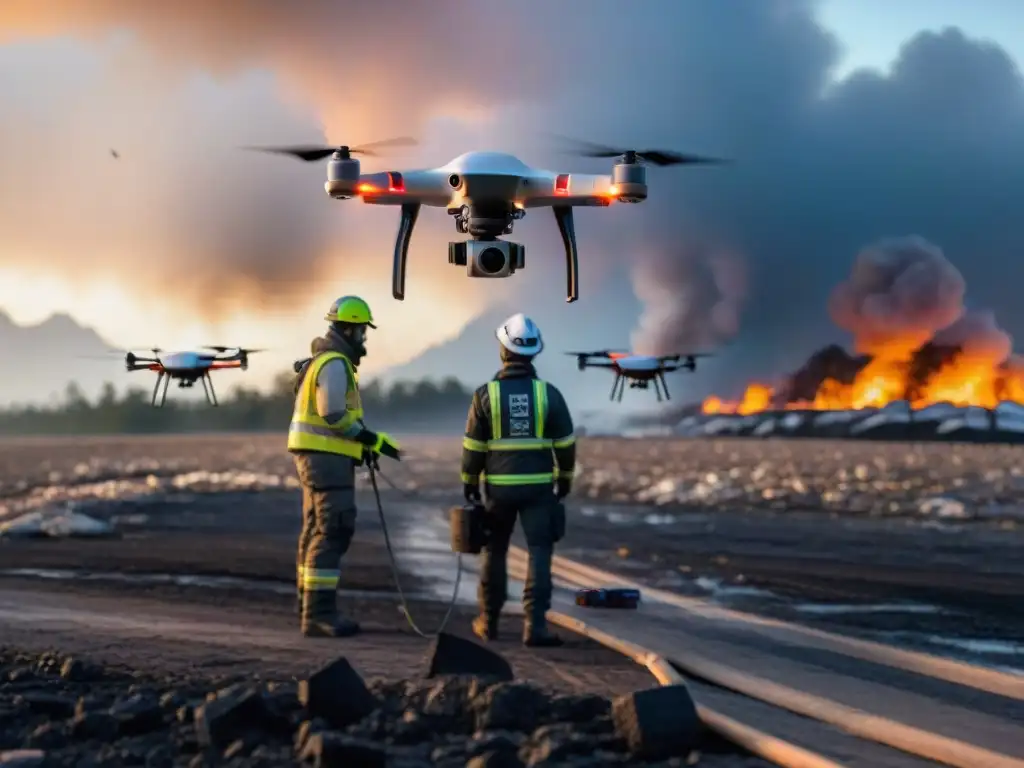 Equipo de emergencia coordina con drones avanzados en área desastre