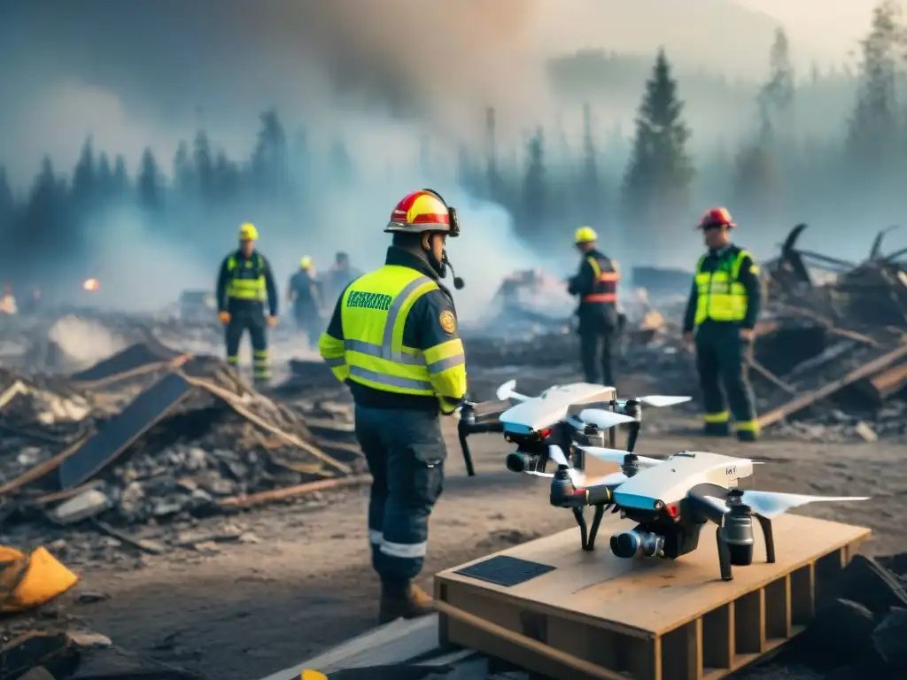 Equipo de emergencia usando drones para mapear zona desastre con determinación