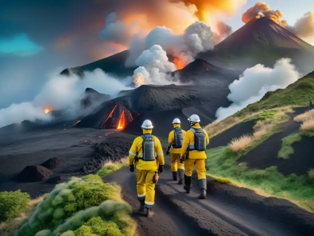 Equipo de emergencia asistiendo evacuados en erupción volcánica, demostrando coordinación y urgencia en la evacuación