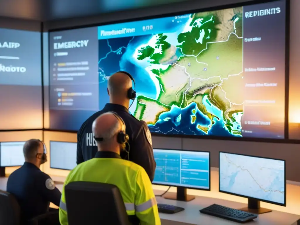 Equipo de emergencia planificando en mapa interactivo, crucial para gestión de desastres