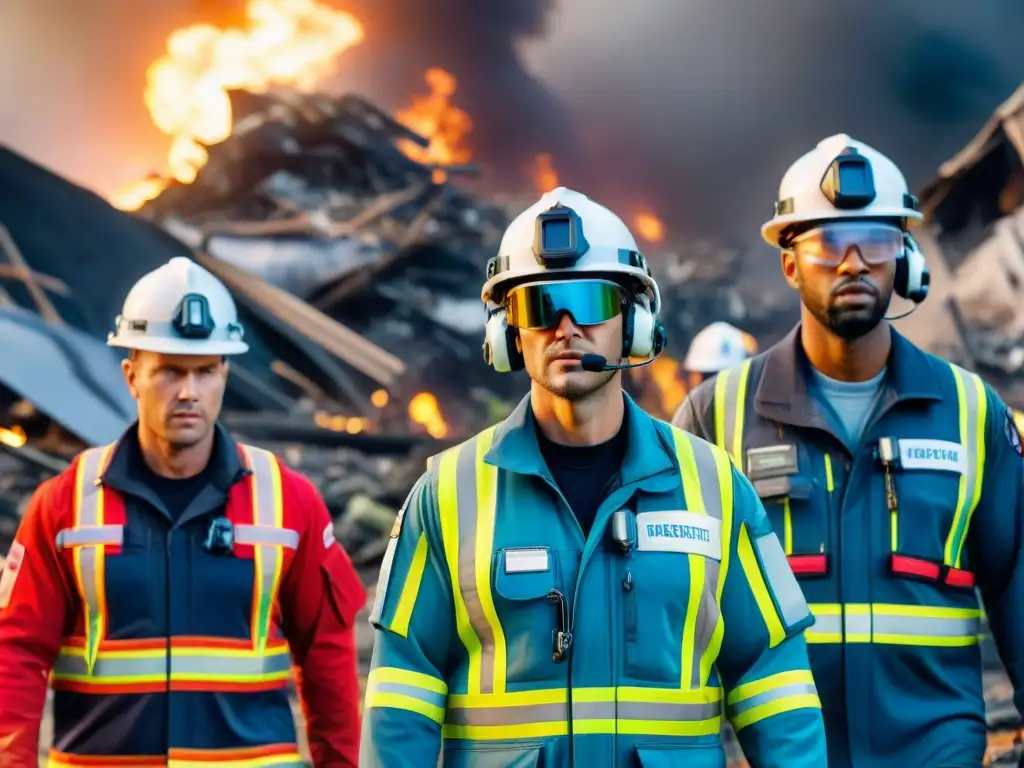 Equipo de emergencia con Realidad Aumentada coordinando rescate tras desastre natural