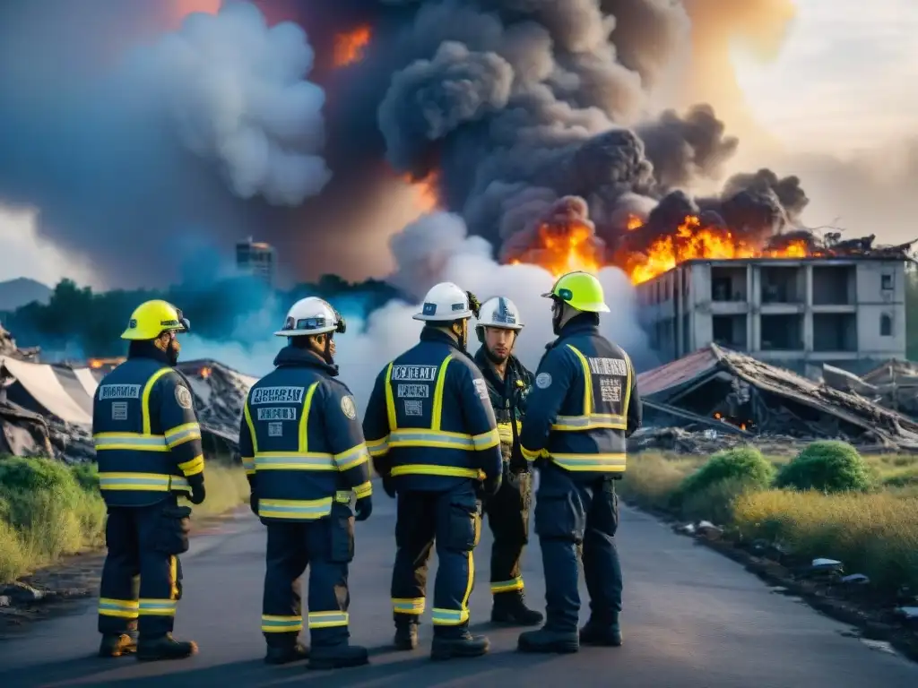 Equipo de emergencia usando tecnología de cartografía digital para coordinar operaciones en una zona devastada