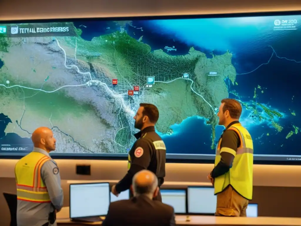 Equipo de emergencia utilizando tecnología de cartografía digital para gestionar una operación de emergencia