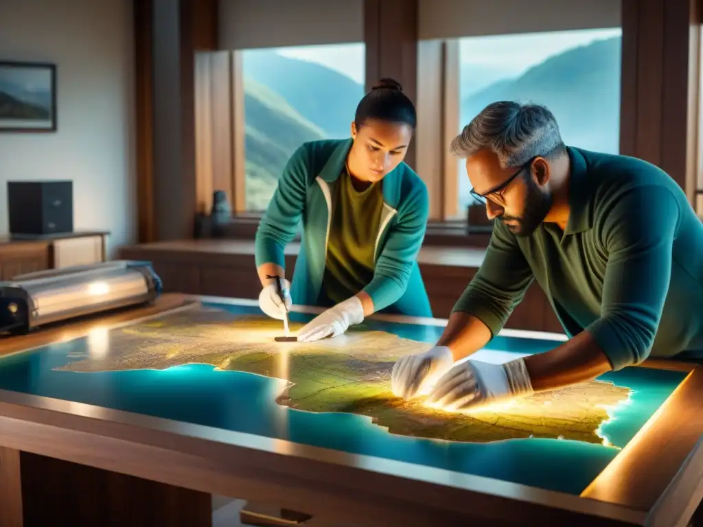 Equipo de geólogos digitalizando un mapa antiguo en una sala llena de herramientas cartográficas