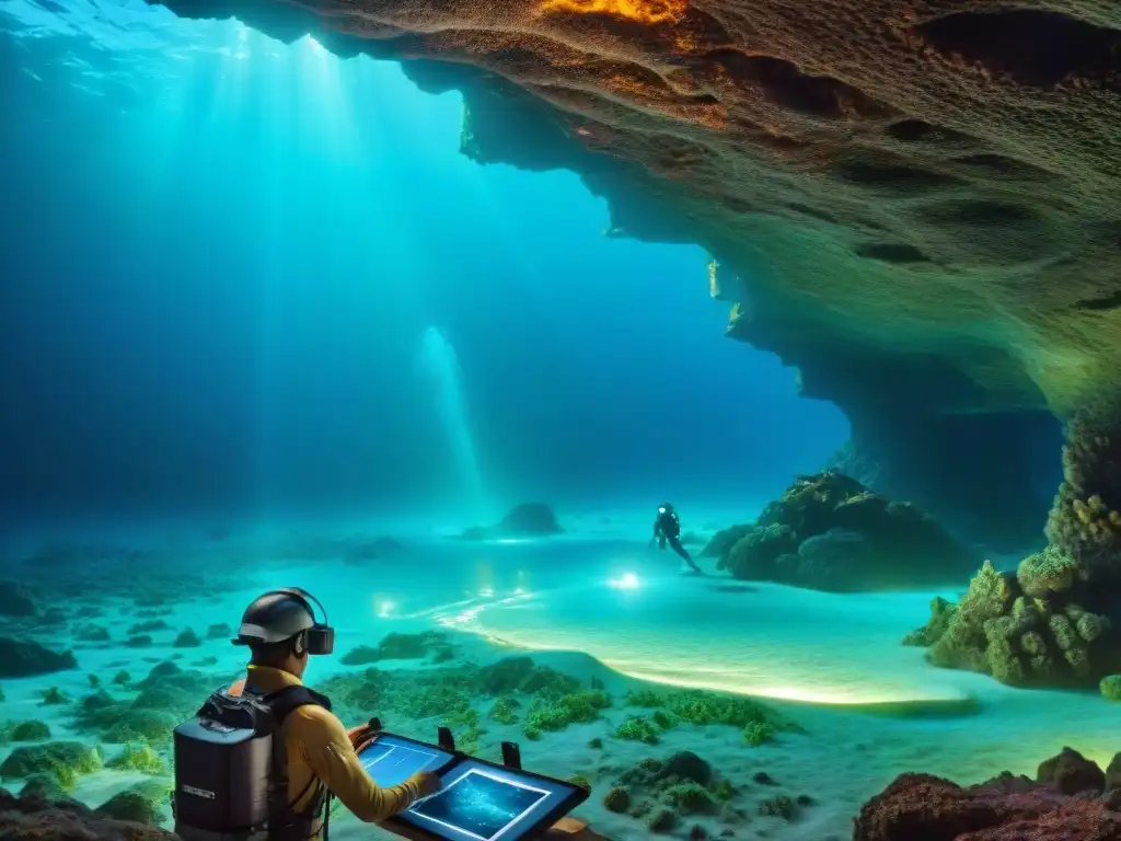 Equipo de cartógrafos modernos explorando el fondo marino con tecnología avanzada, rodeados de criaturas bioluminiscentes y ruinas submarinas