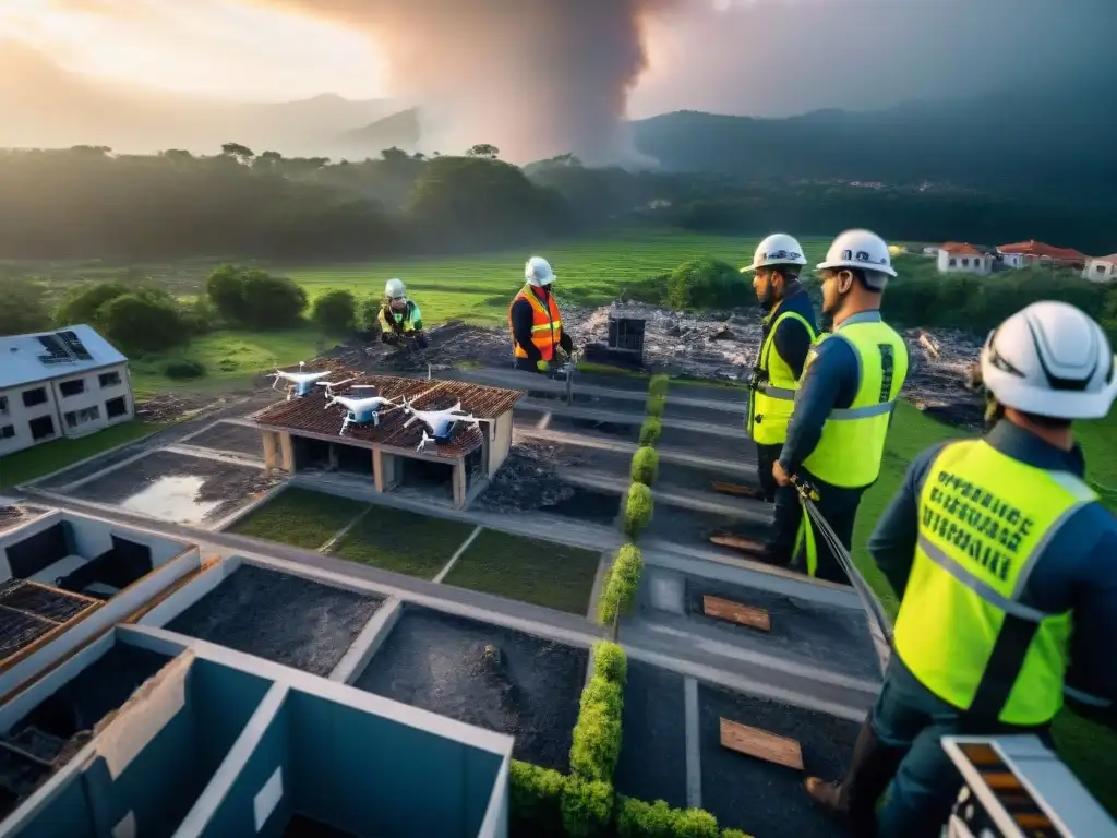 Equipo de profesionales utilizando drones para mapear una zona de desastre, mostrando operativos de emergencia