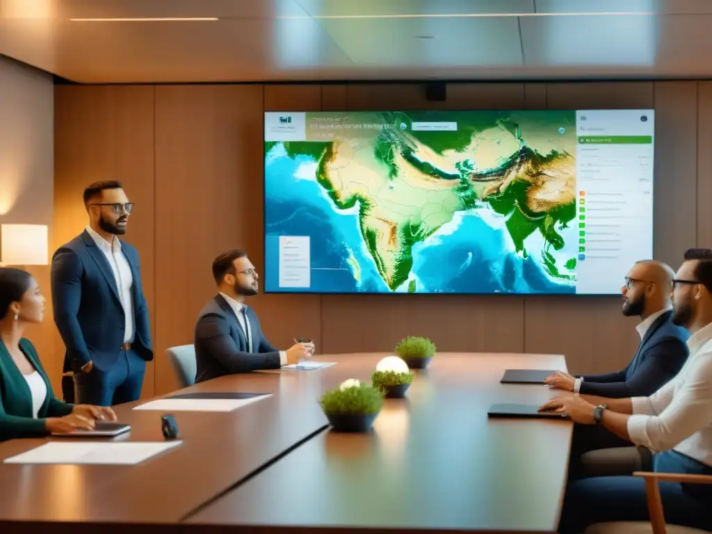 Equipo de profesionales en reunión colaborativa con tecnología GIS, destacando mejores prácticas seguridad datos SIG