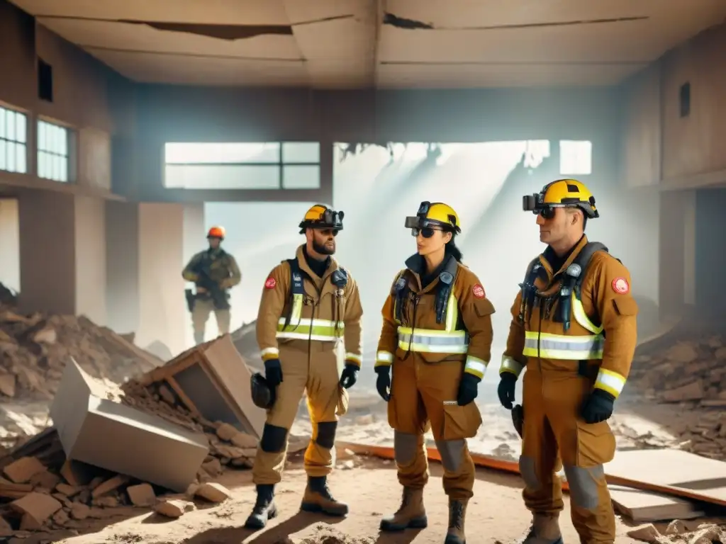 Equipo de rescate con gafas de realidad aumentada en emergencias naturales