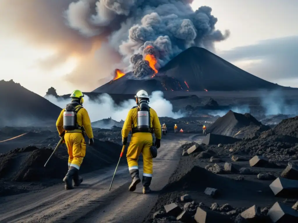 Equipo de rescate en erupción volcánica, herramientas evacuación erupciones volcánicas