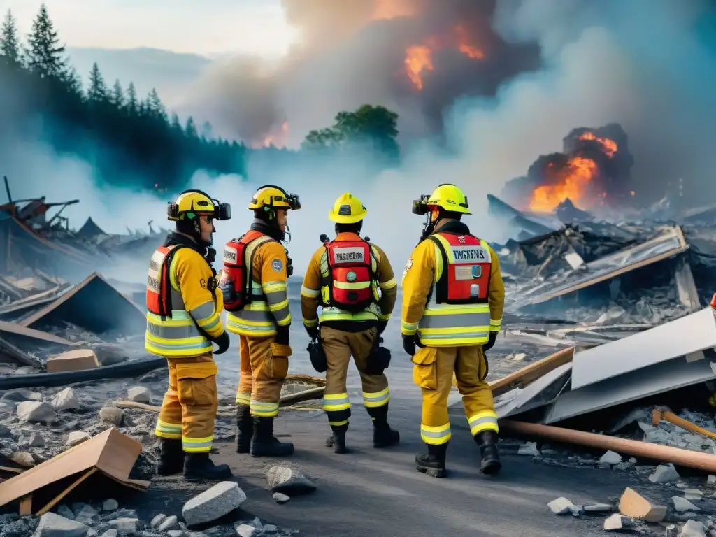 Equipo de rescate usando Realidad Aumentada en emergencias naturales, buscando sobrevivientes entre escombros