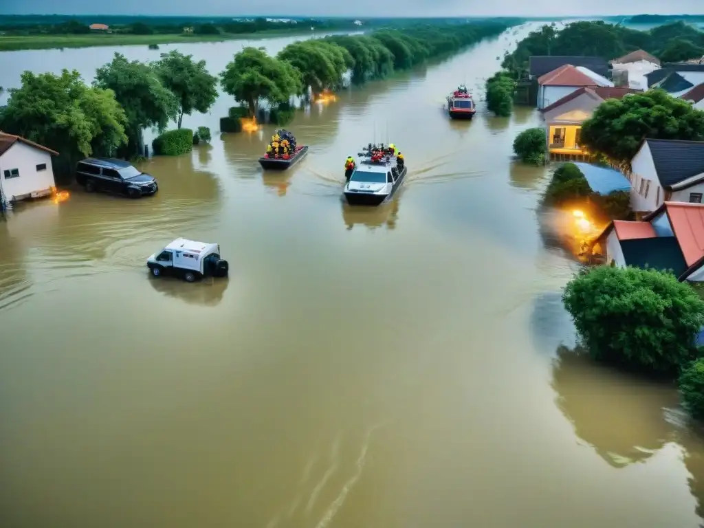 Equipo de respuesta en emergencias usando tecnología SIG para coordinar esfuerzos en ciudad inundada