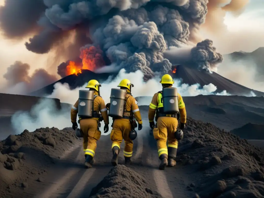 Equipo de evacuación durante erupción volcánica, asistiendo civiles entre ceniza y humo