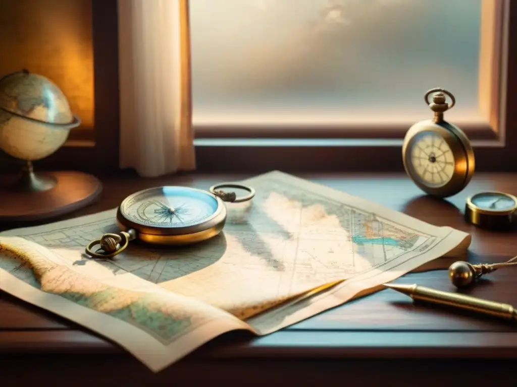 Escena sepia detallada de mesa de cartógrafo vintage con mapas antiguos, brújulas y reloj de bolsillo de latón