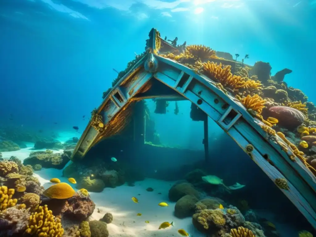 Una escena sepia detallada de un sitio arqueológico submarino, con antiguos tesoros dispersos en el fondo marino, rodeados de vida marina vibrante