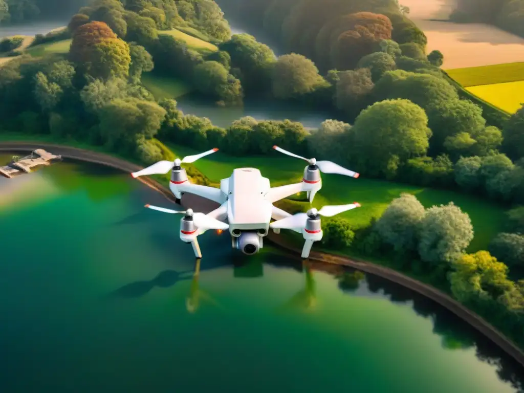 Una escena sepia de un dron de alta tecnología realizando mapeo aéreo en un paisaje exuberante