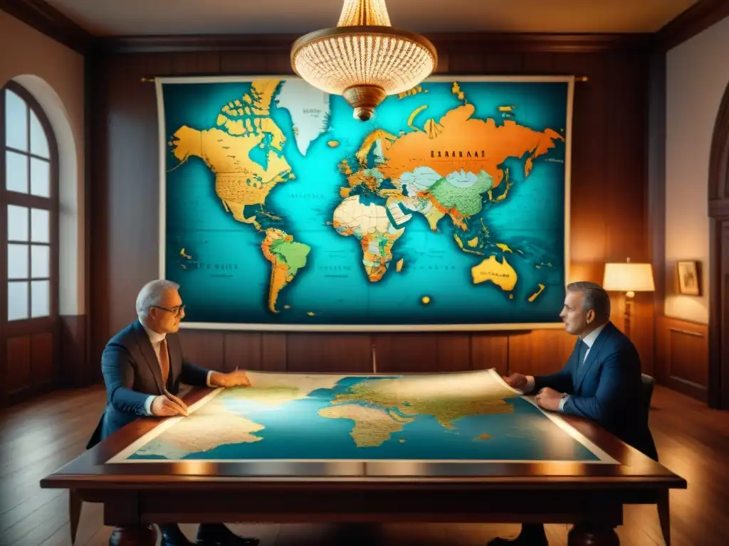 Una escena histórica de negociación de mapas en una sala tenue, con diplomáticos señalando un mapa detallado en una mesa de madera