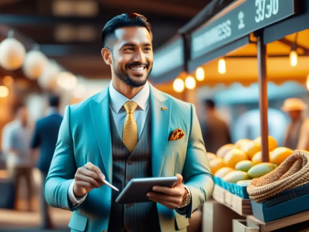 Escena de mercado animado con análisis geoespacial para aumentar ventas, mezcla de tradición y modernidad