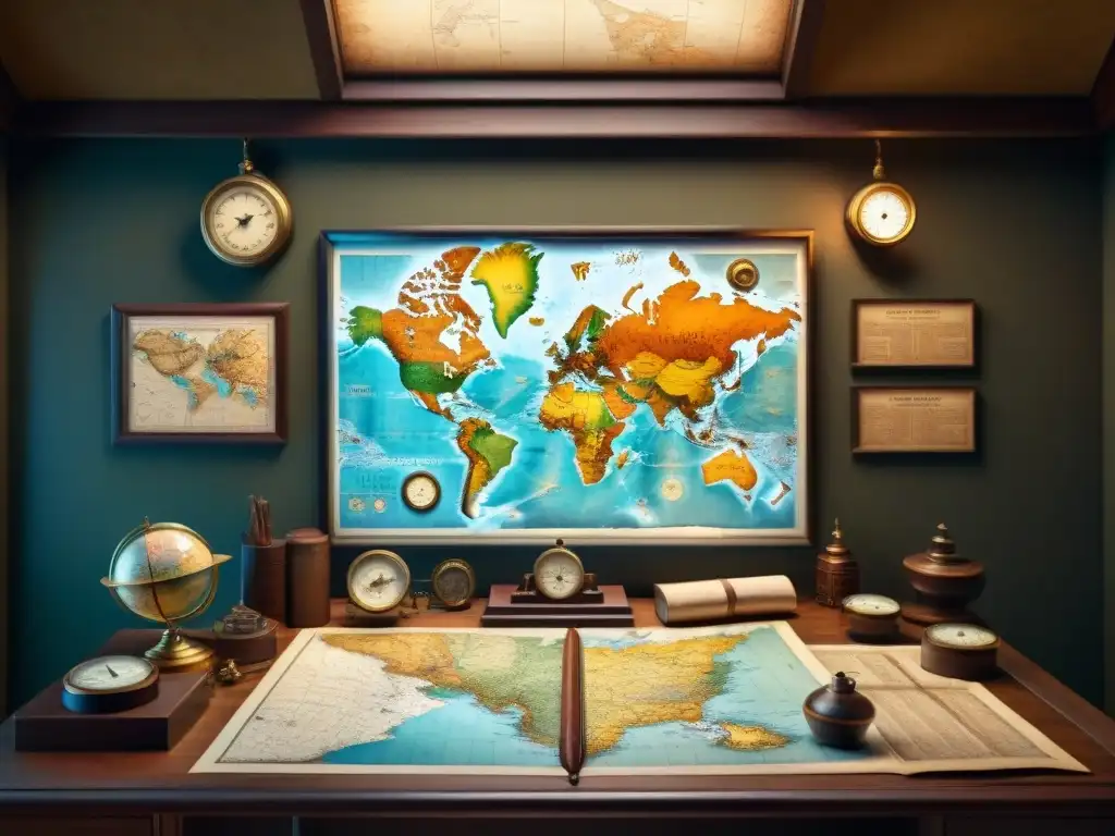 Escena nostálgica en un despacho de cartógrafo vintage, con mapas antiguos y objetos de navegación dispersos