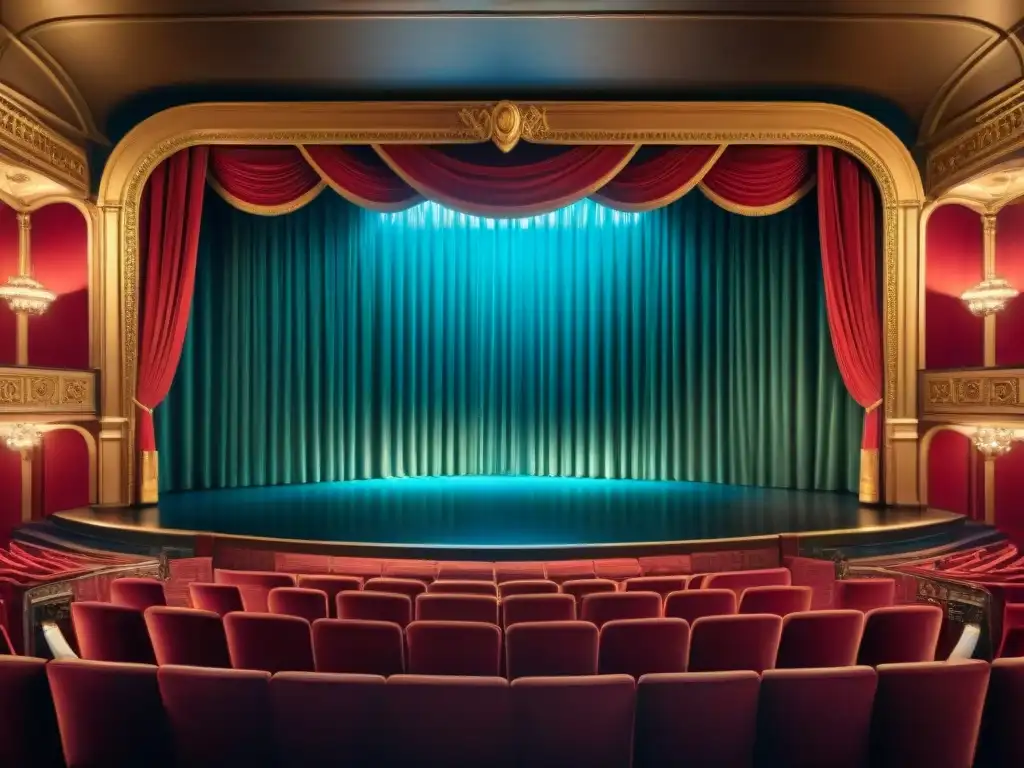 Escenario teatral detallado en sepia, vacío pero con ambiente de anticipación