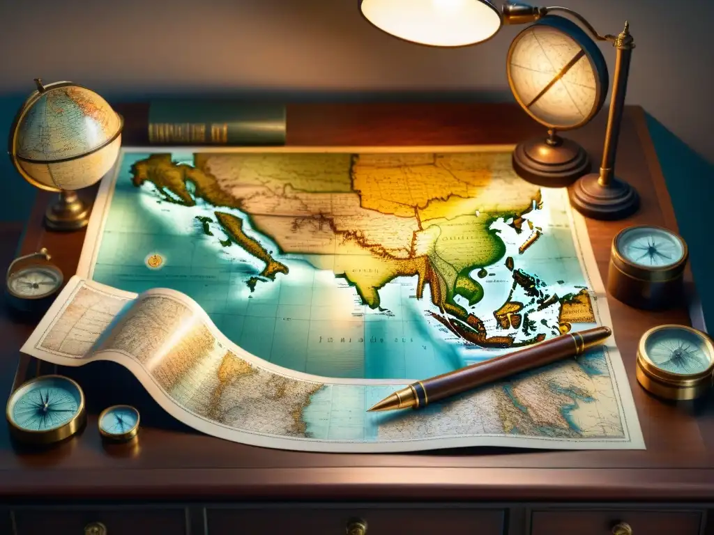 Escritorio de cartógrafo antiguo iluminado Escritorio de cartógrafo antiguo iluminado por una lámpara, con mapas, brújulas y plumas